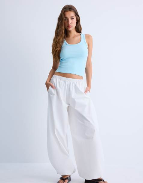Stradivarius Ribbed racerback t-shirt in turquoise