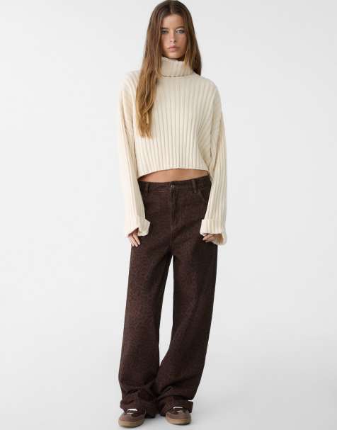 Stradivarius ribbed roll neck knitted jumper in beige