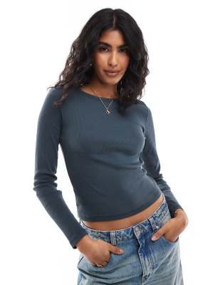 Stradivarius Stradivarius ribbed round neck long sleeve top in grey