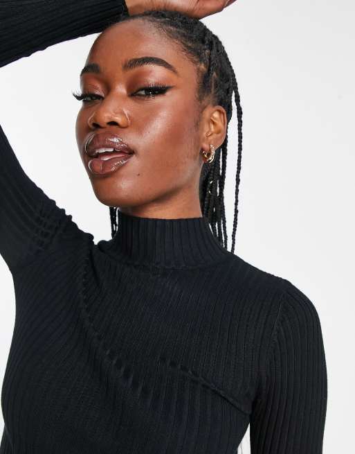 Black Turtle Neck Knitted Ribbed Top