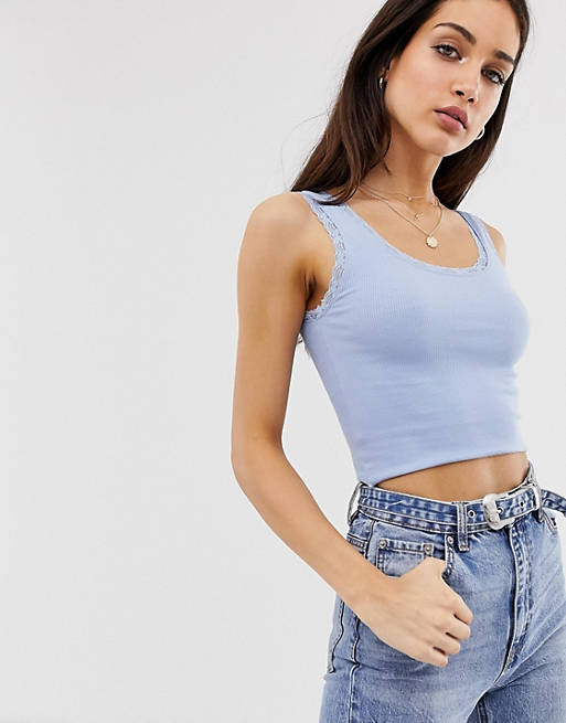 Stradivarius ribbed singlet top with lace trim in blue | ASOS