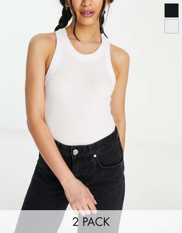 Stradivarius ribbed tank top 2 pack in black & white