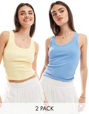 Stradivarius ribbed tank top 2 pack in blue and buttermilk yellow | ASOS