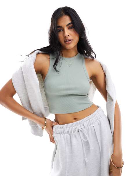 Stradivarius ribbed tank top in khaki - view 1