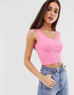 Stradivarius ribbed tank top with lace trim in pink