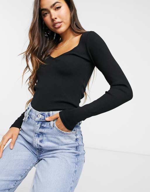 ribbed long sleeve v neck top