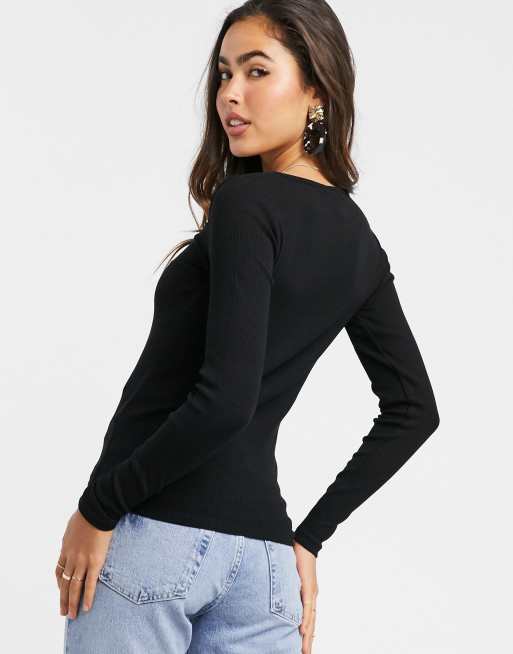 Ribbed Long Sleeve V-Neck Top Black