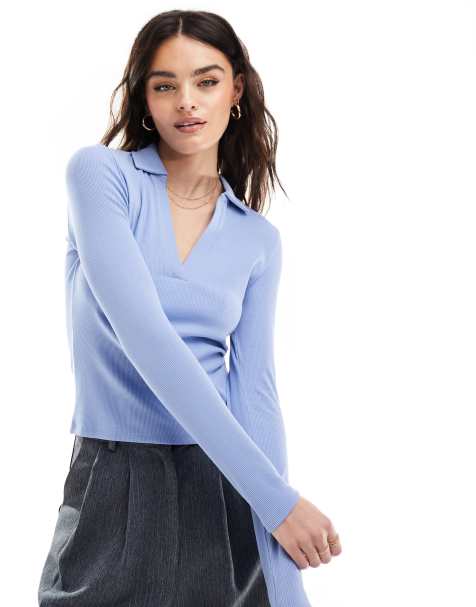 Stradivarius ribbed v-neck polo top in blue - view 1