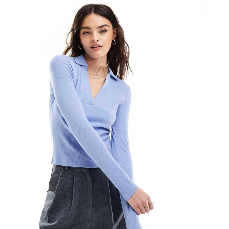 Stradivarius ribbed v-neck polo top in blue ASOS