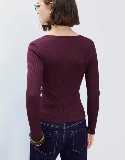 Stradivarius - Ribgebreid vest met knopen in paars, 3 van 4