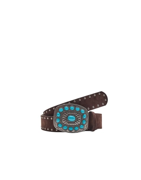 Stradivarius - Riem met gesp van turquoise steen in bruin - view 1