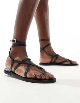 Stradivarius - Riemchen-Sandalen aus Leder in Schwarz