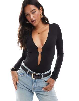 Stradivarius Ring Detail Bodysuit In Black In Black