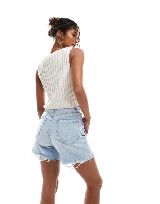Stradivarius ripped denim dad shorts in light blue