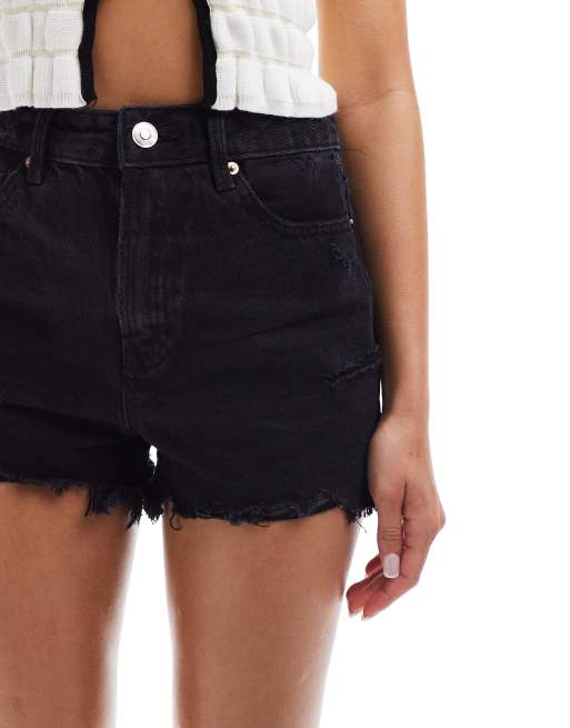 Stradivarius ripped denim short in black wash