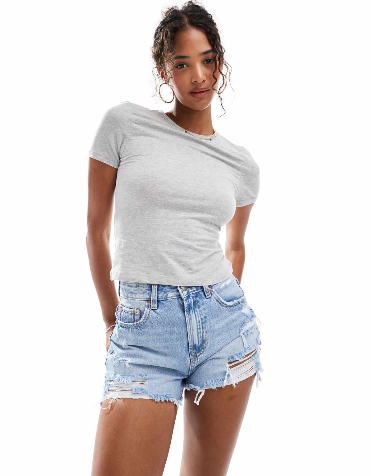 Stradivarius ripped denim short in light wash blue