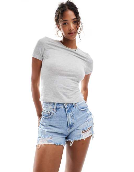 Stradivarius ripped denim short in light wash blue