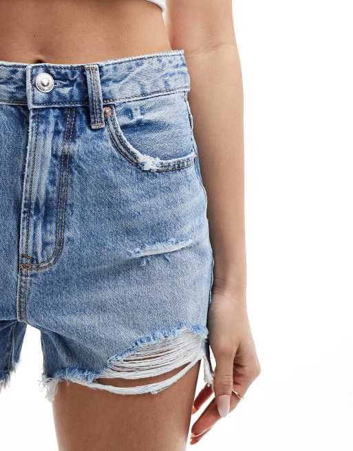 Stradivarius ripped denim short in medium blue