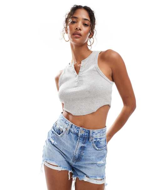 Stradivarius ripped denim short in medium blue - view 1