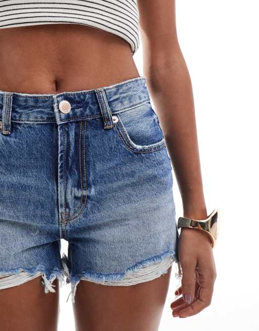 Stradivarius ripped denim shorts in dark wash blue