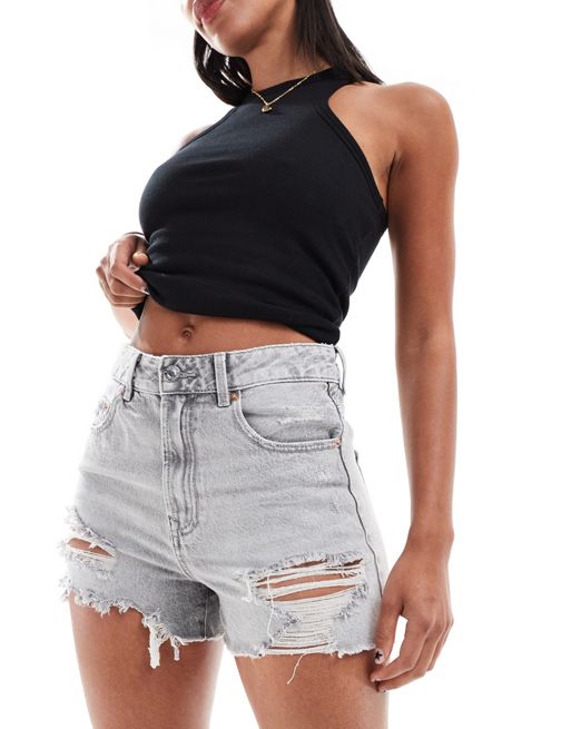 Stradivarius ripped denim shorts in grey wash