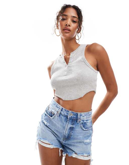 Stradivarius ripped denim shorts in medium blue