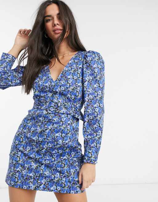 Stradivarius Robe fleurs avec ceinture Bleu