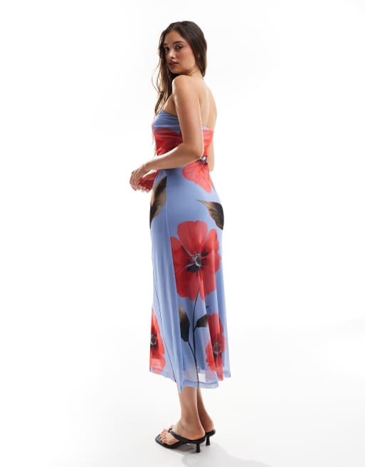 Stradivarius - Robe bandeau mi-longue en tulle à fleurs , 3 de 4