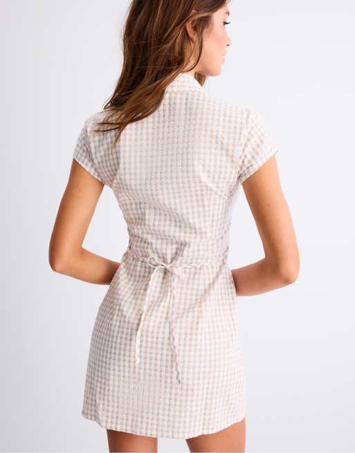 Stradivarius - Robe chemise à carreaux - Taupe, 2 de 4