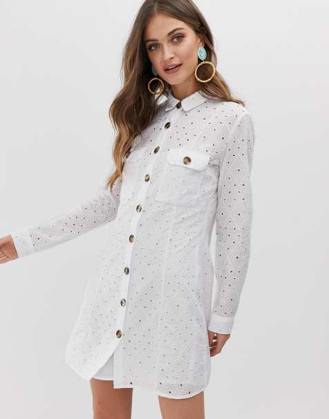 Stradivarius - Robe chemise en broderie anglaise - Blanc