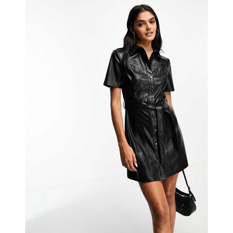 Stradivarius Robe chemise en similicuir Noir