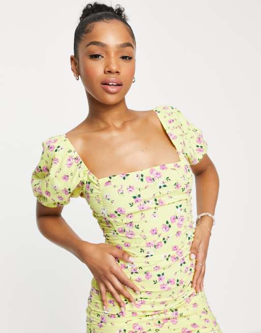 Stradivarius - Robe courte à encolure carrée et imprimé floral - Jaune, 3 de 4