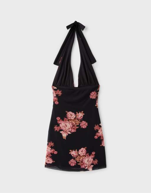 Stradivarius robe courte ajustée en tulle à imprimé fleuri noire, 6 de 6