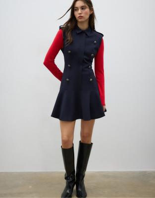 Robe courte boutonnée sans manches - Bleu foncé-Bleu marine M