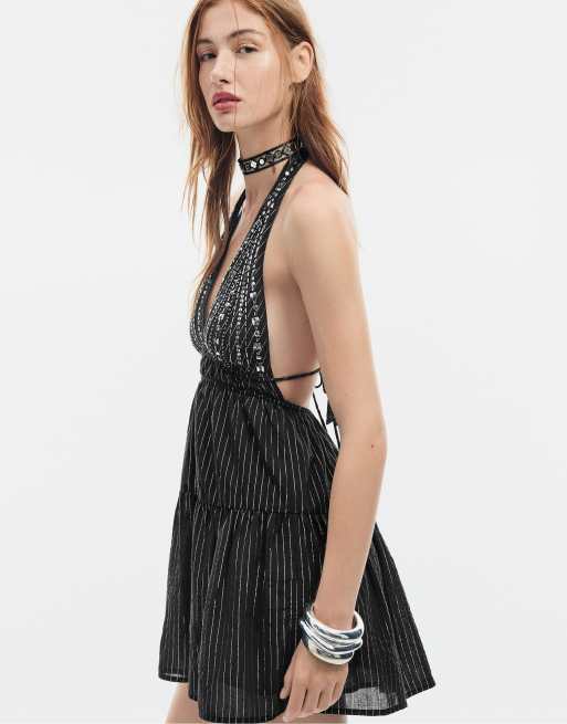 Stradivarius - Robe courte dos nu ornée de perles - Noir, 2 de 4