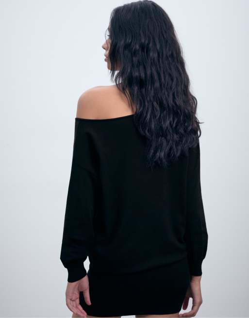 Stradivarius - Robe courte en maille à encolure bateau - Noir, 4 de 4