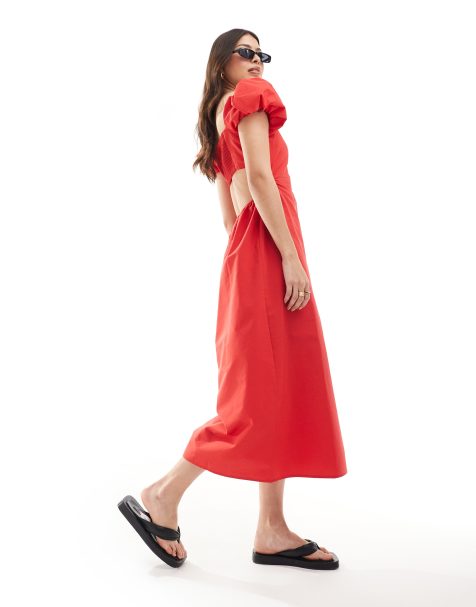Stradivarius - Robe longue à manches bouffantes - Rouge - view 1