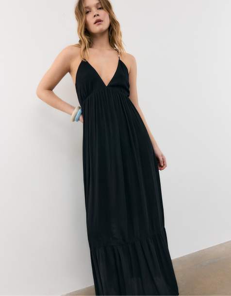 Stradivarius - Robe longue en crêpe avec bretelles ornées de perles - Noir - view 1