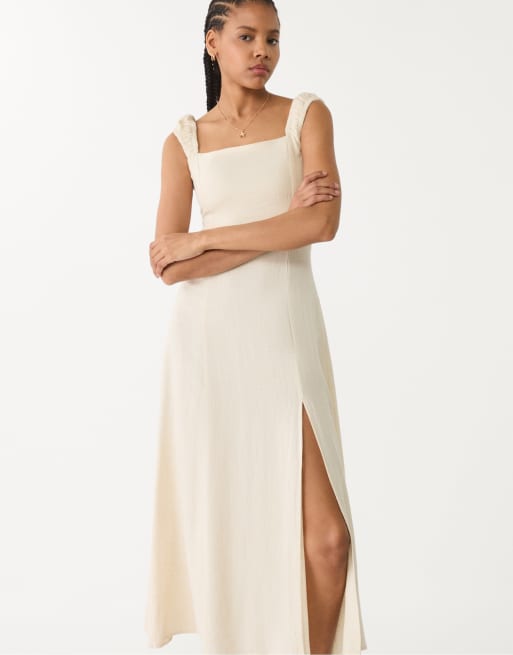 Stradivarius - Robe longue en lin mélangé avec bretelles croisées dans le dos - Taupe, 2 de 4