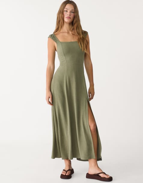 Stradivarius - Robe longue en lin mélangé avec liens croisés dans le dos - Kaki - view 1