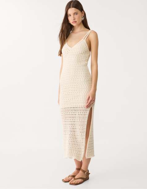 Stradivarius - Robe longue en maille crochetée - Vanille - view 1