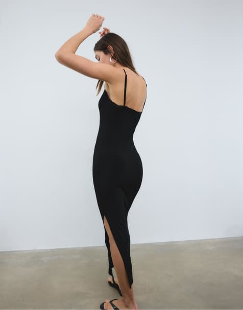 Stradivarius - Robe longue en maille et dentelle - Noir - view 1