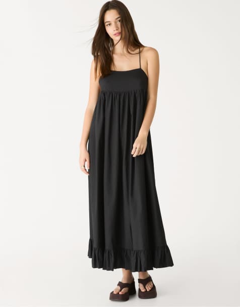 Stradivarius - Robe longue en popeline - Noir - view 1