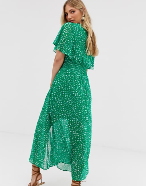 Stradivarius Robe longue fendue devant imprim petites fleurs Vert