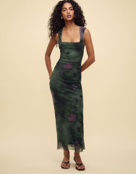 Stradivarius - Robe longue imprimée en tulle - Vert - view 1