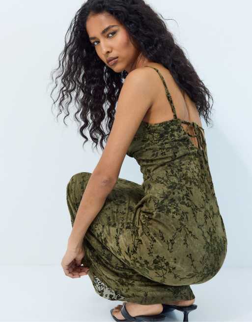 Stradivarius - Robe mi-longue à bretelles en tulle floqué - Kaki, 4 de 7