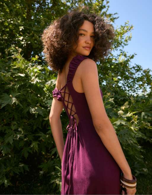 Stradivarius - Robe mi-longue avec liens noués au dos - Violet, 3 de 4