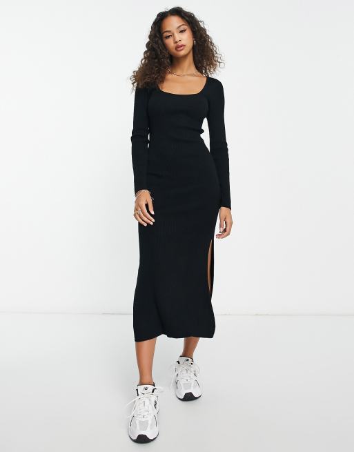 Stradivarius - Robe mi-longue en maille à encolure carrée - Noir 