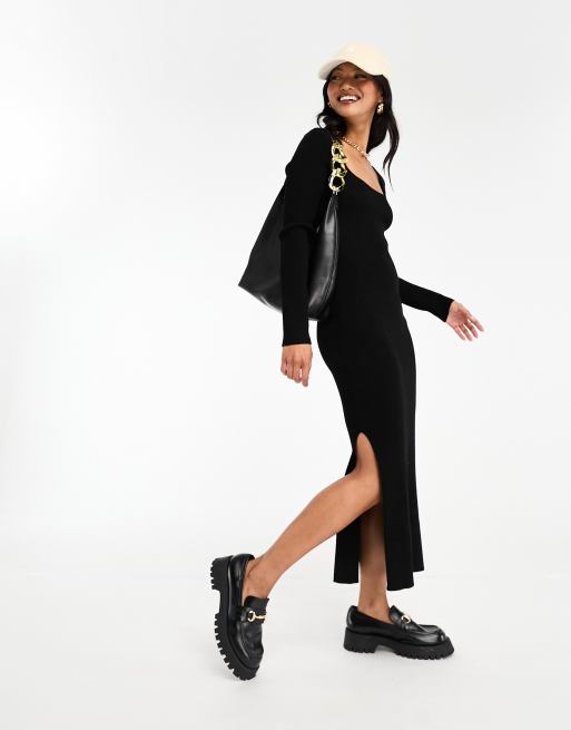 Stradivarius - Robe mi-longue en maille à encolure carrée - Noir , 3 de 4