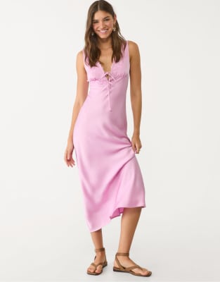 Stradivarius - Robe mi-longue en satin et dentelle - Rose pastel - view 1